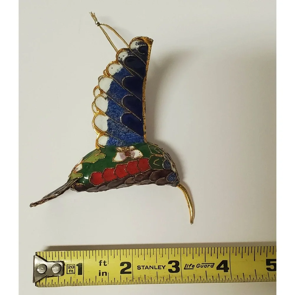 Enameled Cloisonne Christmas Ornament Hummingbird Gold Edge Feathers Multicolor - Picture 13 of 13